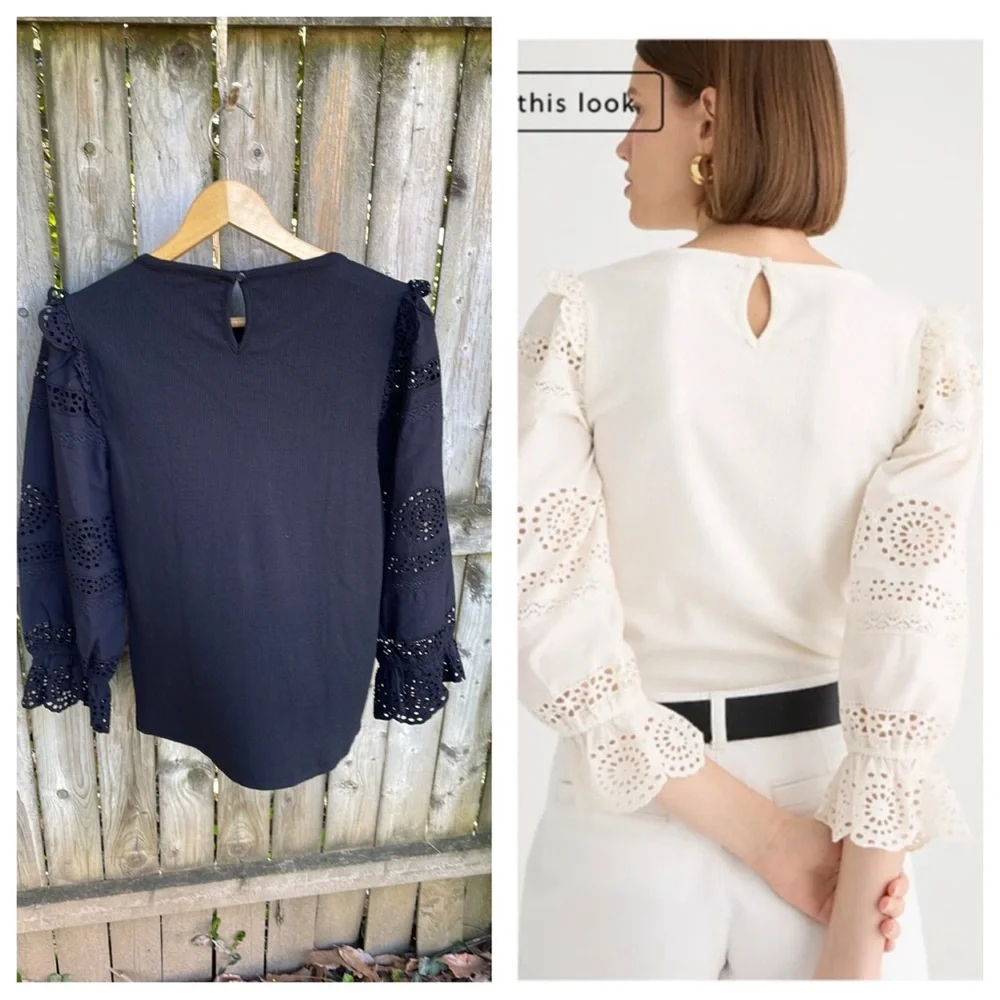 J. Crew Ruffle-trim eyelet top in vintage rib lace black L 12 14